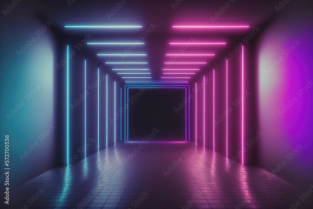 Neon light corridor tunnel with diminishing perspective view . Futuristic walking pathway. Peculiar 