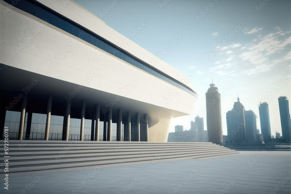 Modern architecture building design with empty concrete floor and urban city skyline in background s