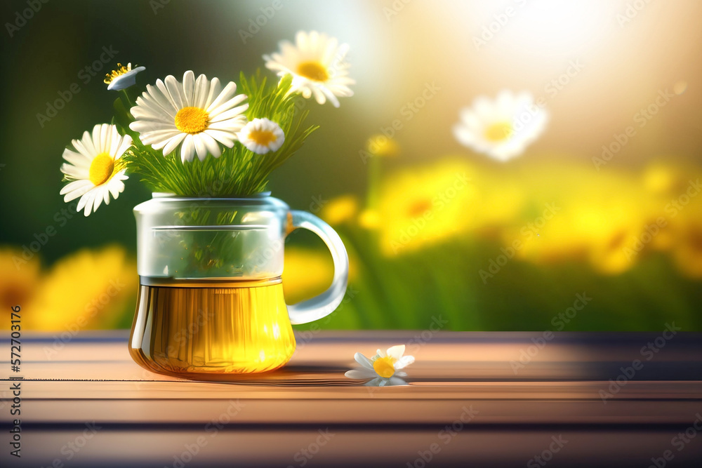 Spring summer natural background.A transparent mug with a bouquet of chamomile flowers on a wooden t