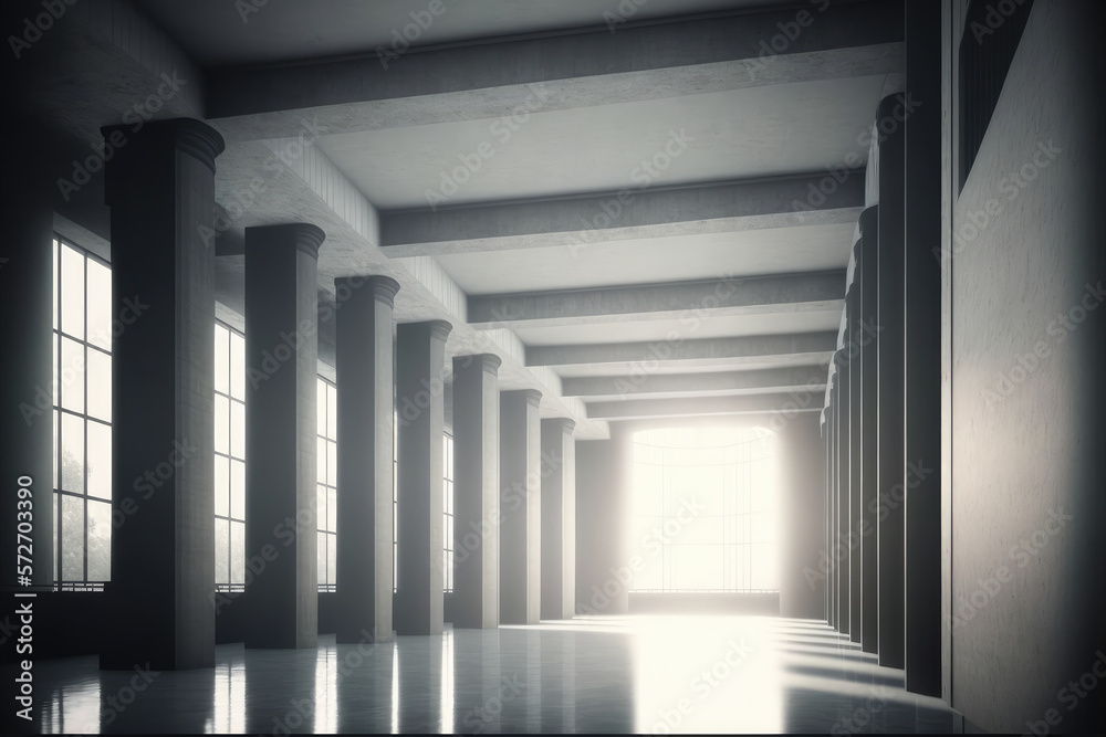 Large hall corridor inside office building background. Peculiar AI generative image.