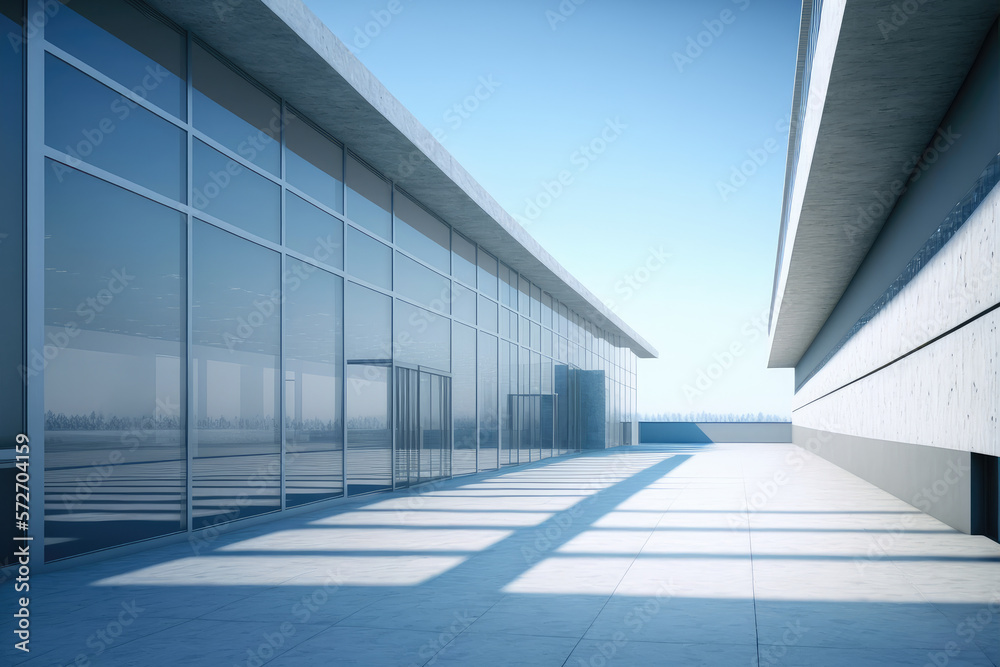 Modern architecture exterior of public hall entrance in urban building outdoor under bright sky with