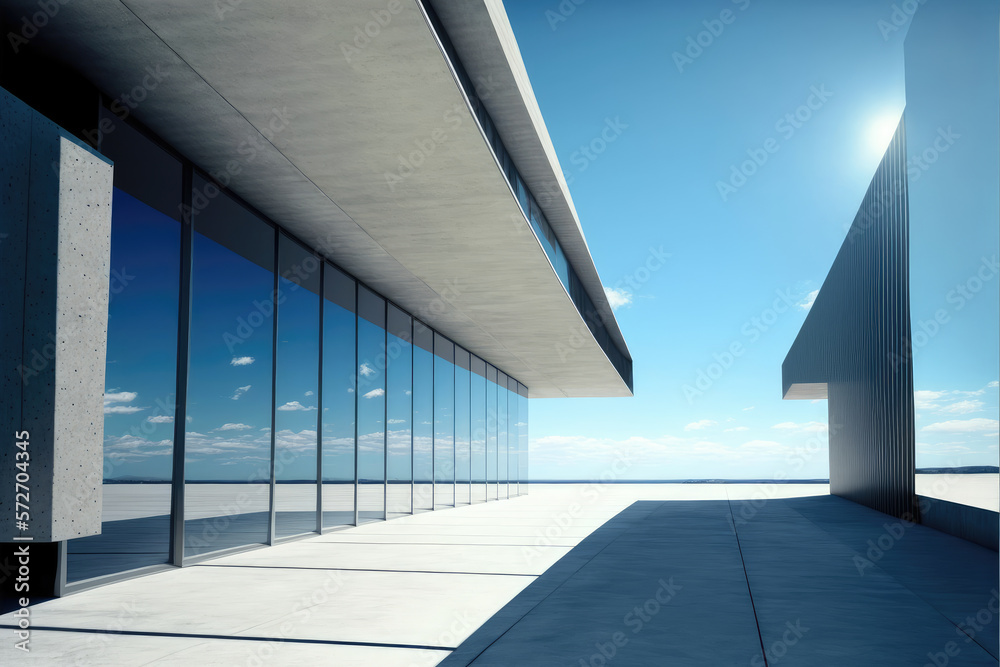 Modern architecture exterior of public hall entrance in urban building outdoor under bright sky with