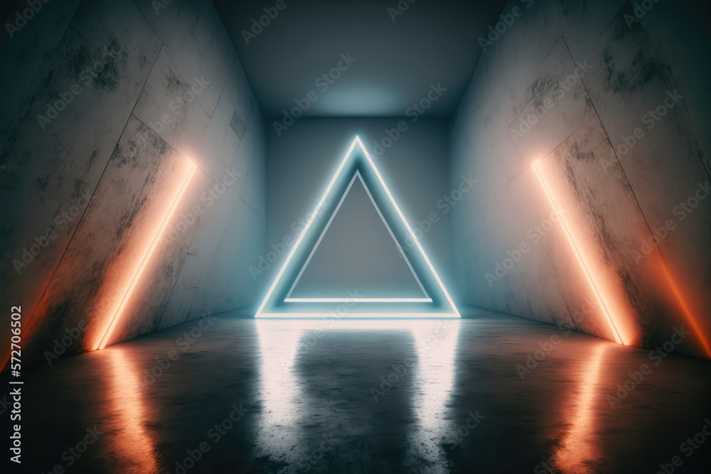 Concrete room with triangle portal illuminated by blue and orange neon light. Peculiar AI generative