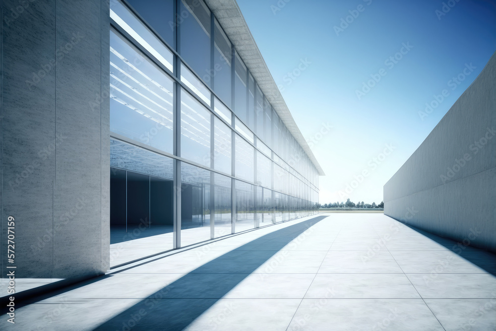 Modern architecture exterior of public hall entrance in urban building outdoor under bright sky with