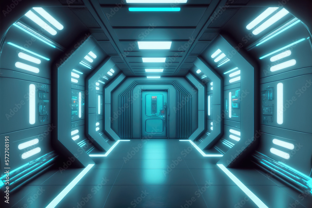 Empty sci-fi futuristic room of spaceship with blue light decoration . Super modern interior design.