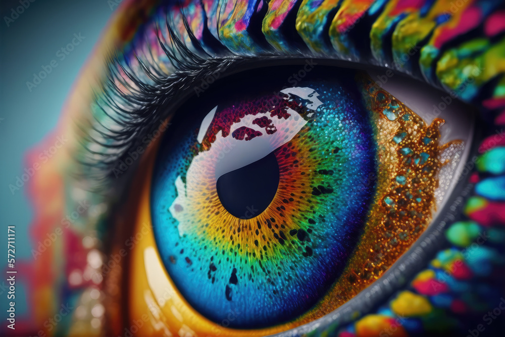 Close up view of female eye with multicolored eyeball and colorful makeup powder. Peculiar AI genera