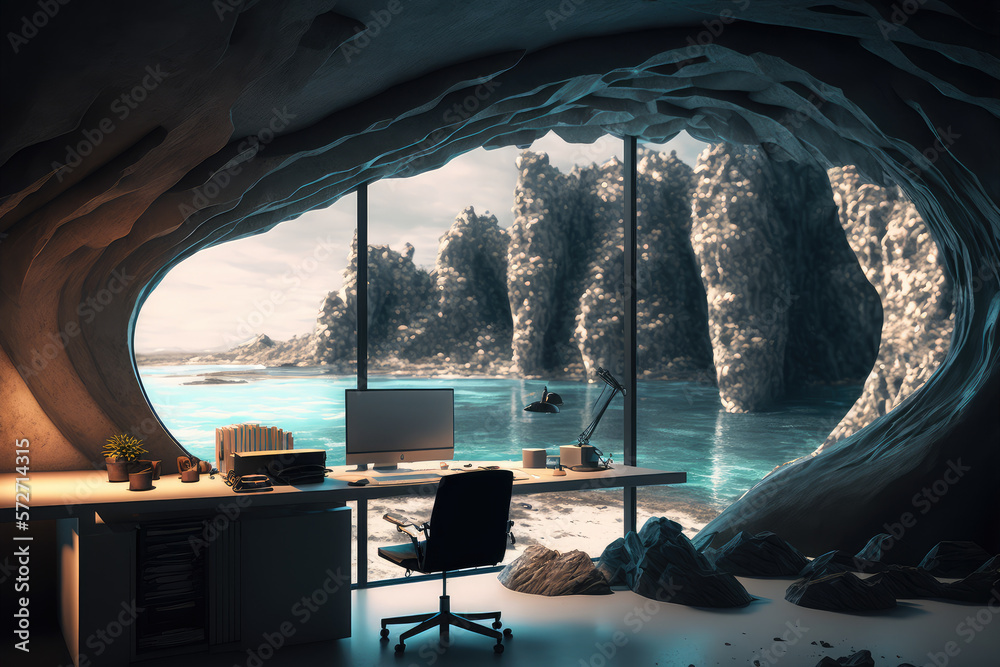 Imaginary home workspace in rocky cave with a large window overlooking ocean ridge landscape . Dream