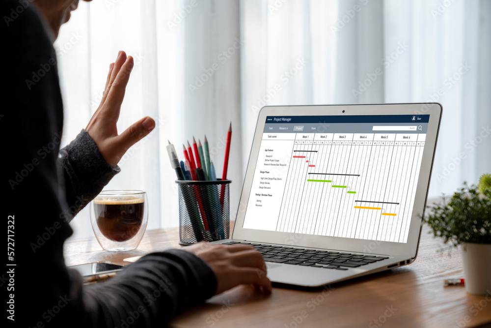 Project planning software for modish business project management on the computer screen showing time