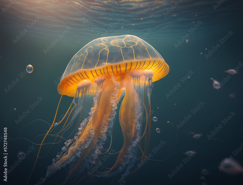 jelly fish in the sea , enjoy nature, Bright sky, Safe Atmosphere, HQ landscape, photorealistic, ult