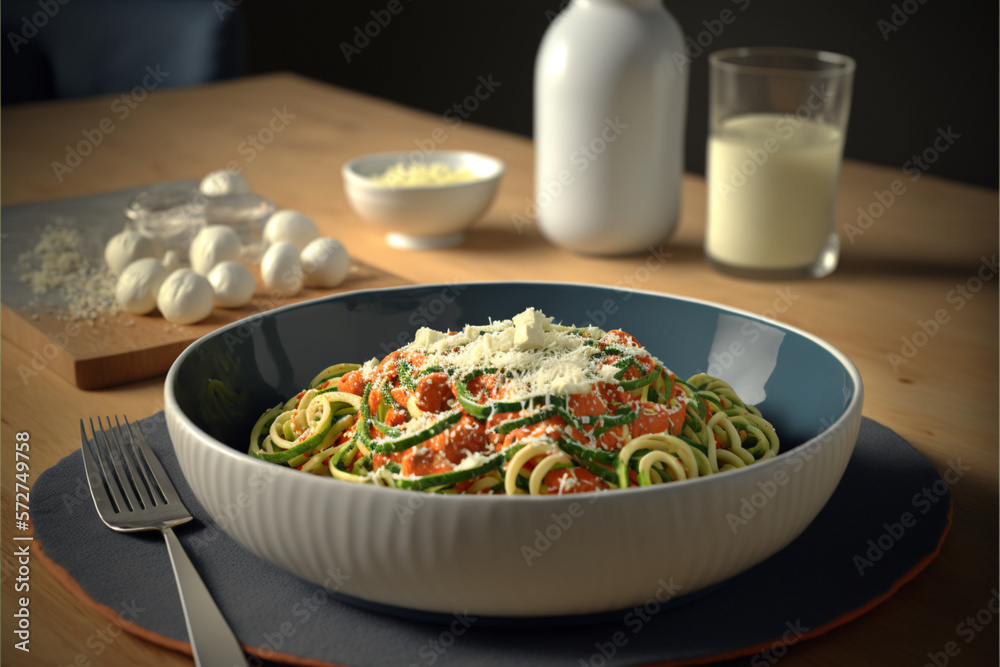 A bowl of zoodles (zucchini noodles), tossed with a homemade tomato sauce and a sprinkle of parmesan