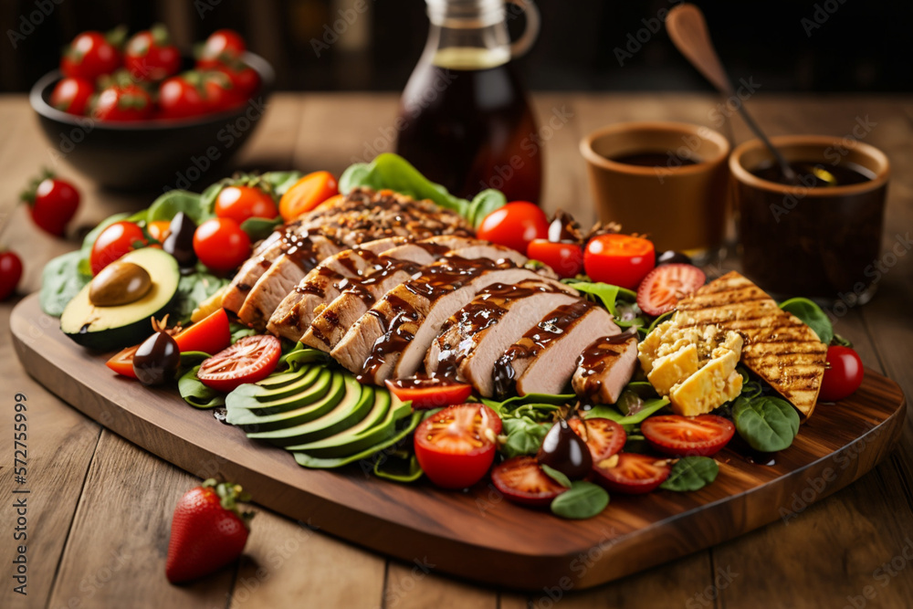 A colorful assortment of healthy foods laid out on a wooden board with avocado, strawberries, almond