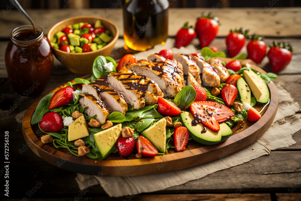 A colorful assortment of healthy foods laid out on a wooden board with avocado, strawberries, almond