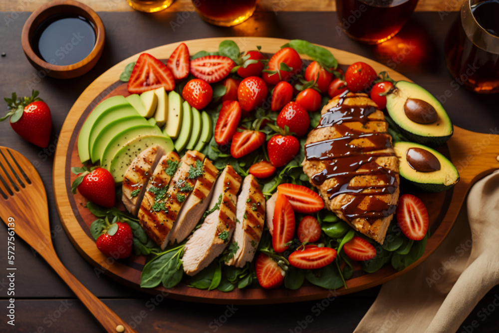 A colorful assortment of healthy foods laid out on a wooden board with avocado, strawberries and gri