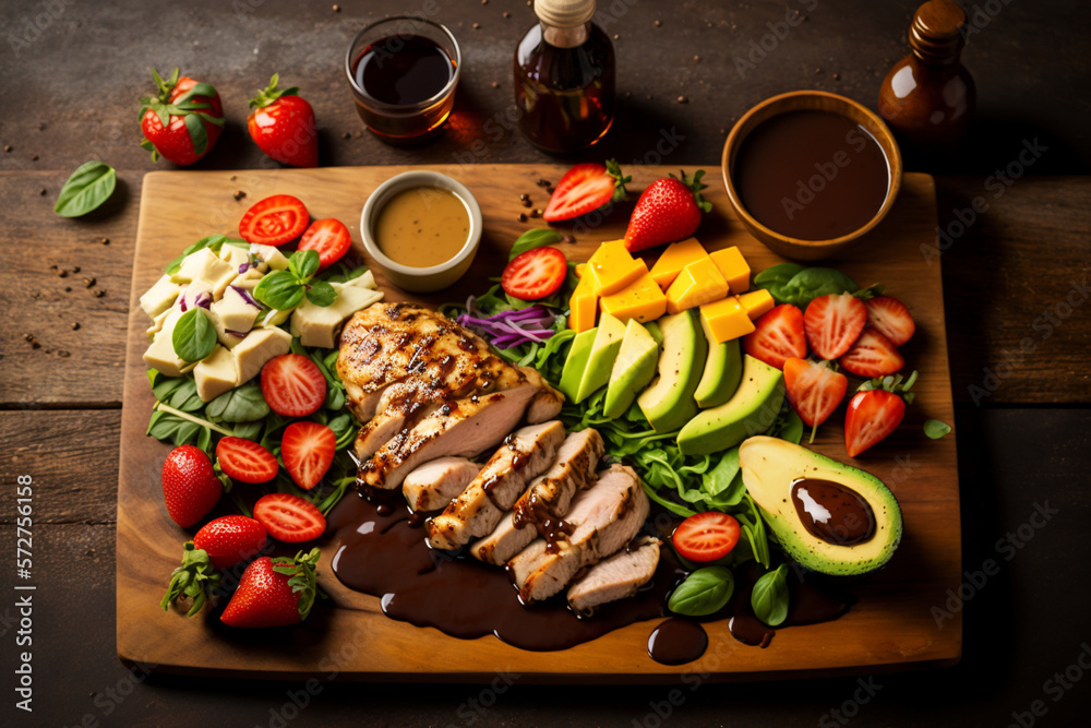 A colorful assortment of healthy foods laid out on a wooden board with avocado, strawberries and gri