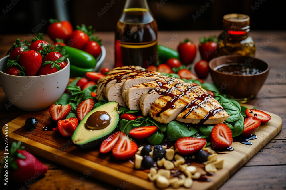 A colorful assortment of healthy foods laid out on a wooden board with avocado, strawberries, almond