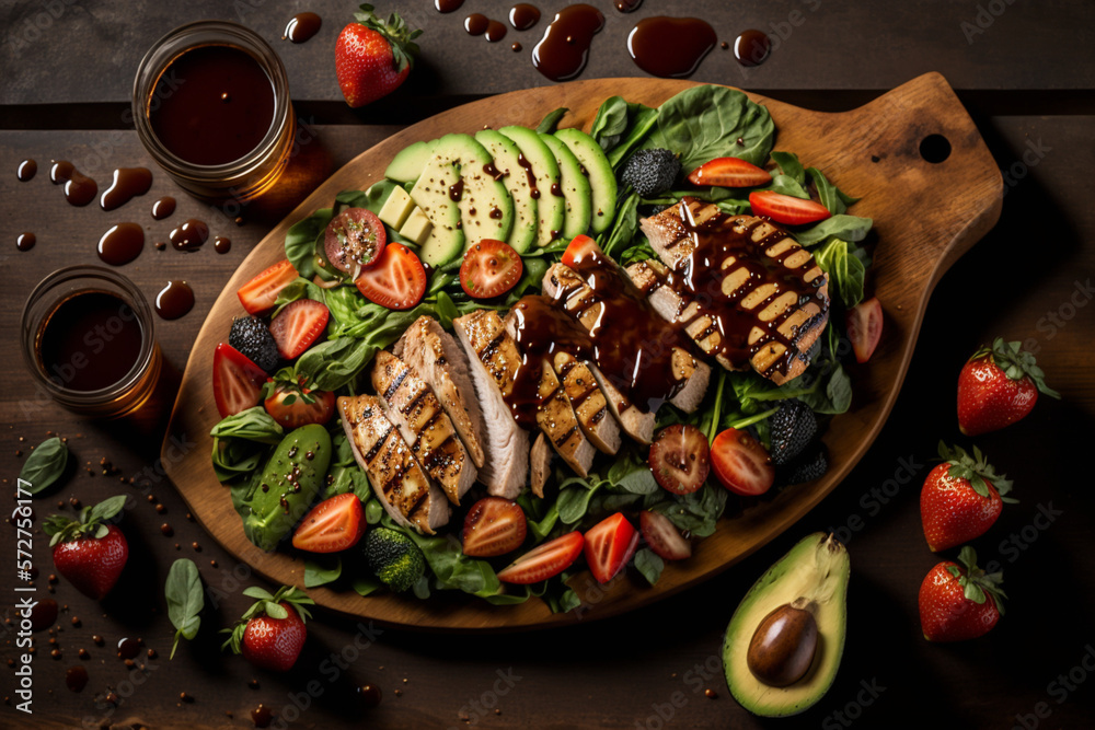 A colorful assortment of healthy foods laid out on a wooden board with avocado, strawberries and gri