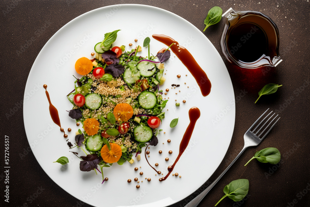 A healthy salad with leafy greens, tomatoes, cucumbers, carrots, quinoa, and balsamic vinaigrette, a