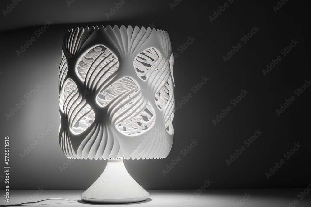 Lamp on bedside table at night prototype by 3D printing technology . Sublime Generative AI image .