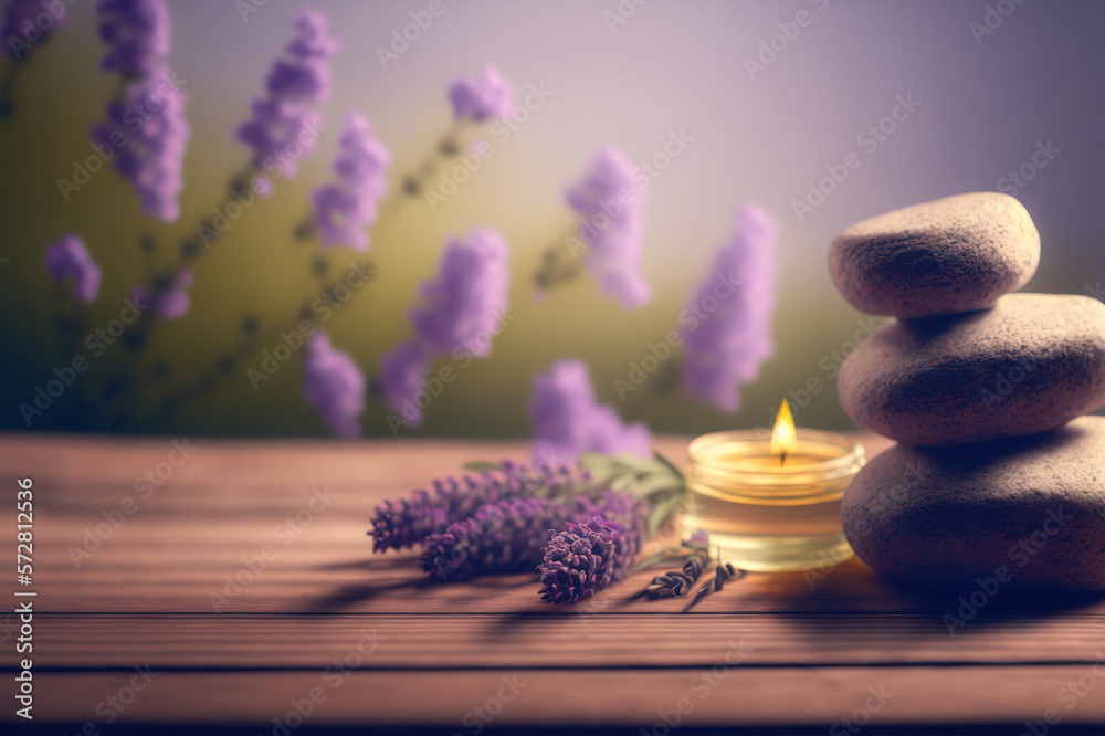 AI Generative image, spa lavender composition set in spa hotel , beauty wellness center . Spa produc