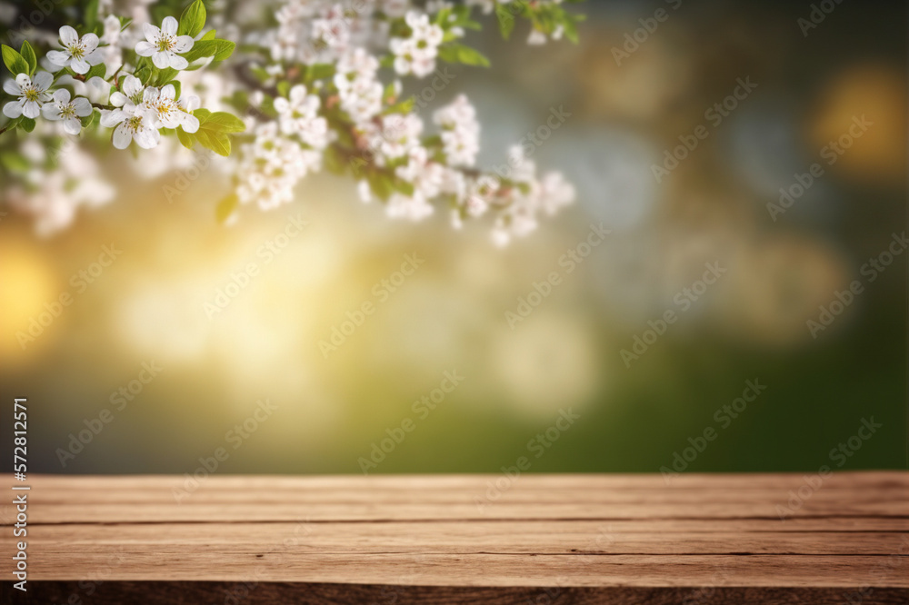 Empty table for product display with flower spring blur background . Sublime Generative AI image .