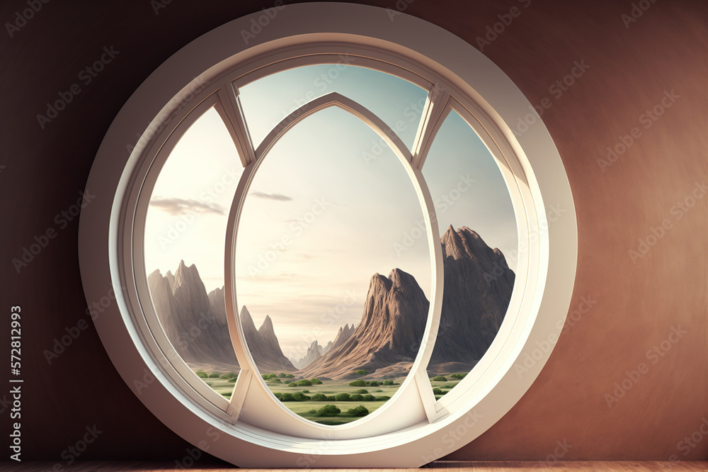 A room with round glass window overlooking beautiful landscape background . Hotel futuristic showroo