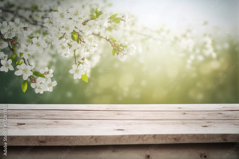 Empty table for product display with flower spring blur background . Sublime Generative AI image .