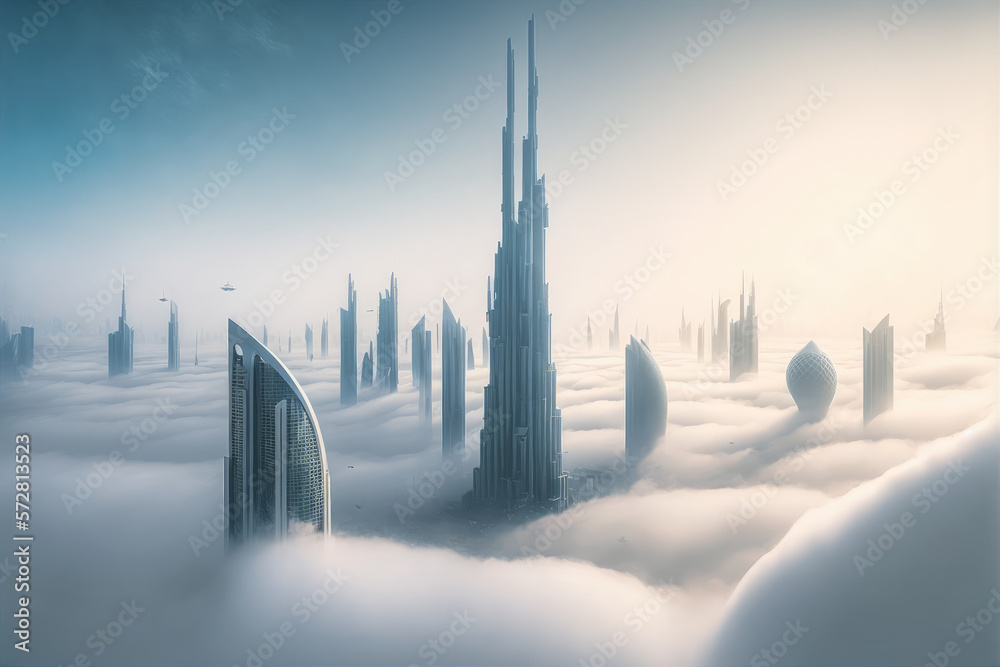 Top of skyscrapers building high above the clouds in the morning sunrise . Futuristic architecture o