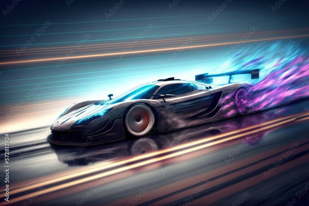 Speeding fast sports car drives on highway road with motion blur effects creating light trailing env