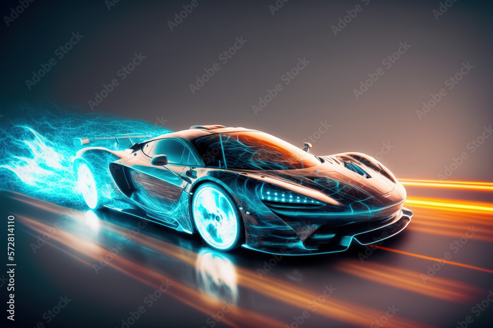 Speeding fast sports car drives on highway road with motion blur effects creating light trailing env