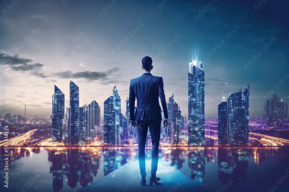 Businessman walking on virtual reality platform to futuristic smart city of opportunity with interne