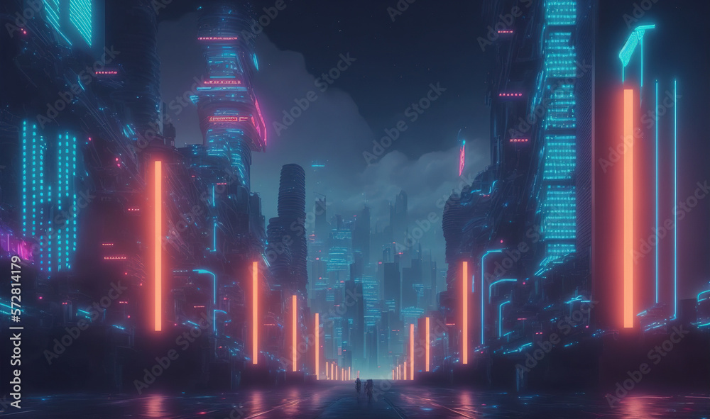 Futuristic city scene with neon light illuminated the dark fictional city street . Sublime Generativ