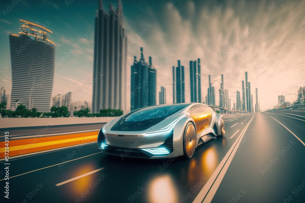 Fast electric car with luxury futuristic autonomous sensor software driving on road in downtown city