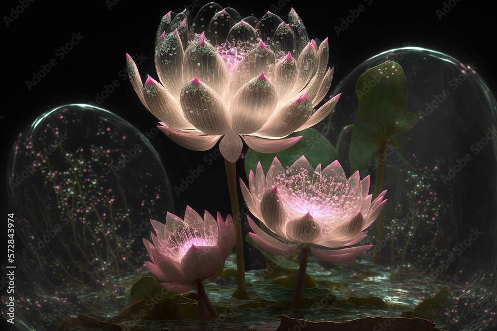 Dreamlike image of light glowing lotus flower or water lily with transparent pink illumination under