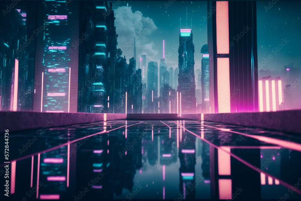 Futuristic city with neon light of pink and blue illuminated city street . Sublime Generative AI ima