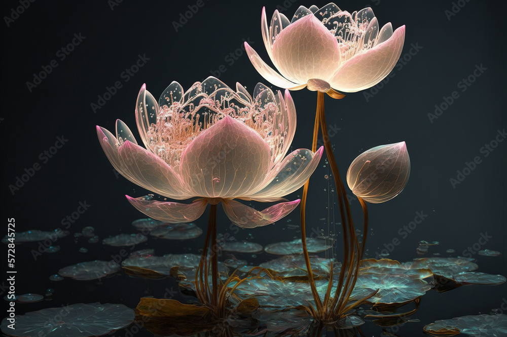 Dreamlike image of light glowing lotus flower or water lily with transparent pink illumination under