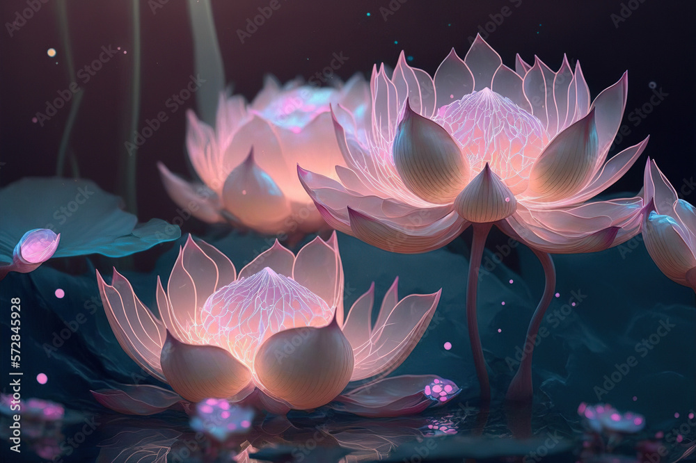 Dreamlike image of light glowing lotus flower or water lily with transparent pink illumination under