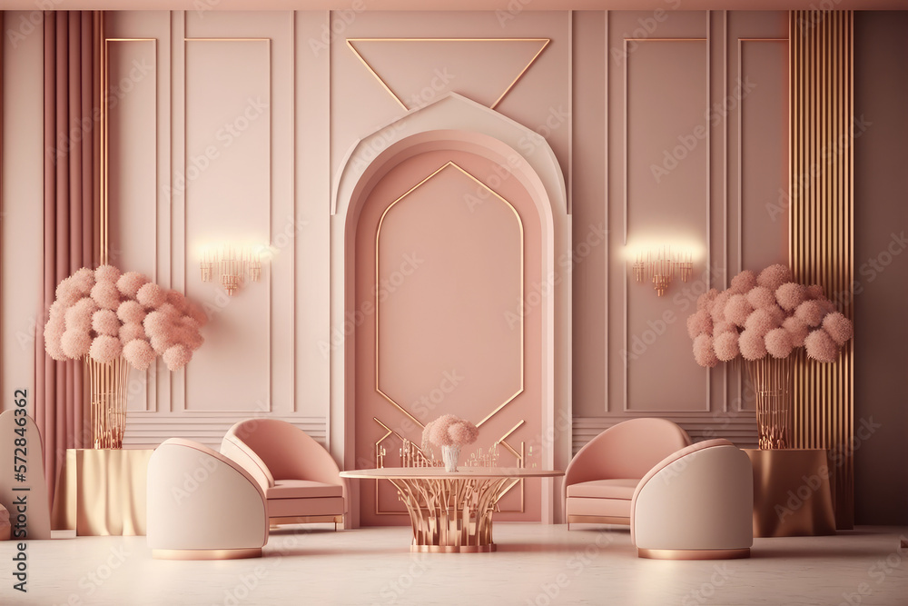 Modern living room interior design decorated in luxurious all pink color monochrome. Peculiar AI gen