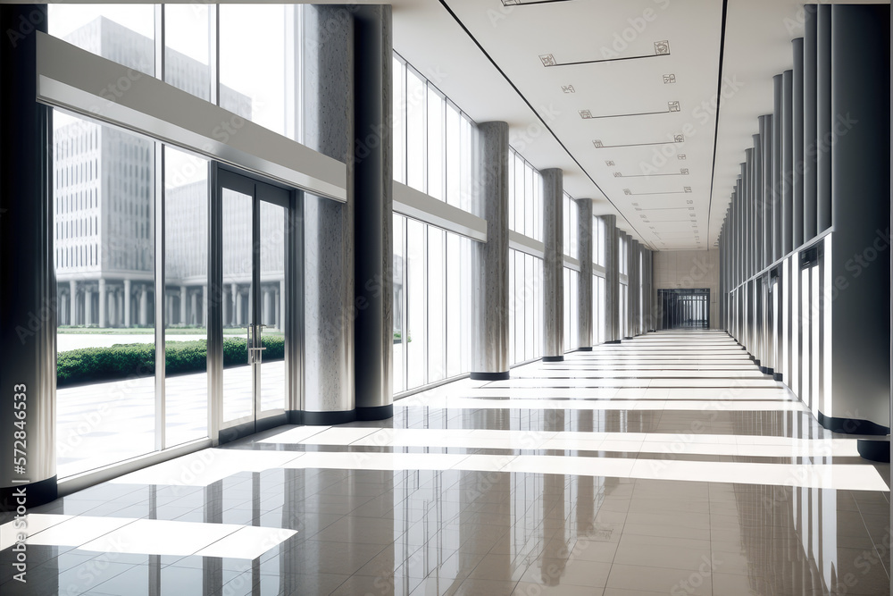 Empty entrance hall of modern public station or large convention center lobby . Contemporary beautif