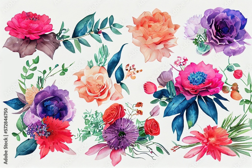 Flower bouquet set watercolor pieces of artwork design. Spring and summer flower nature in style of 