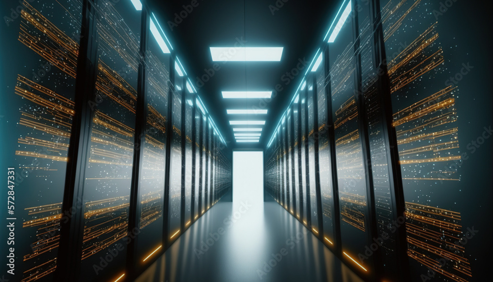 Corridor of data center with racks of server computer for cloud computing data storage , cyber secur