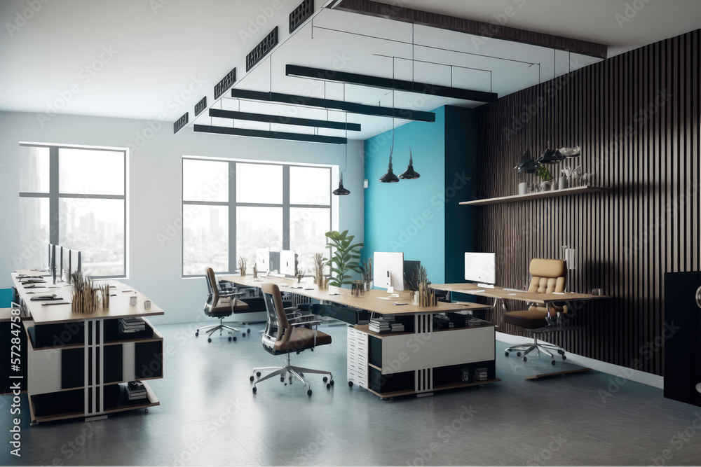 Modern office interior design . Contemporary workspace for creative business. Peculiar AI generative