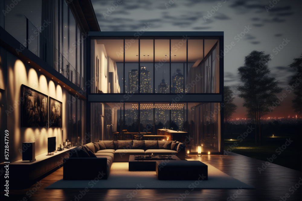 Luxury house with sitting area at night . Modern design of home architecture exterior. Peculiar AI g