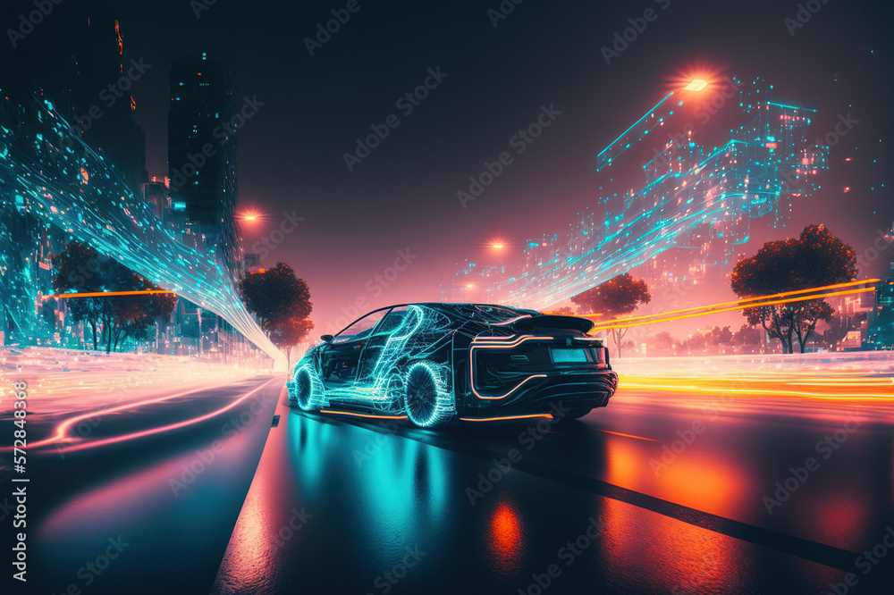 Racing sports car driving on urban city road with luxury digital technology . Sublime Generative AI 