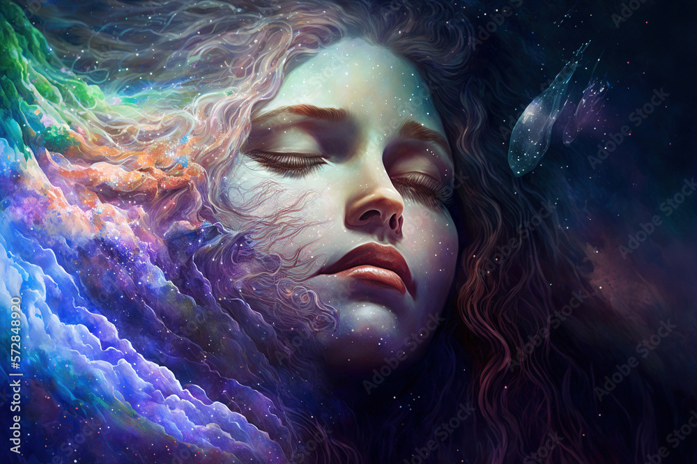 Abstract woman dream decorated by harmony and endless colors of star in the sky background . Sleepin