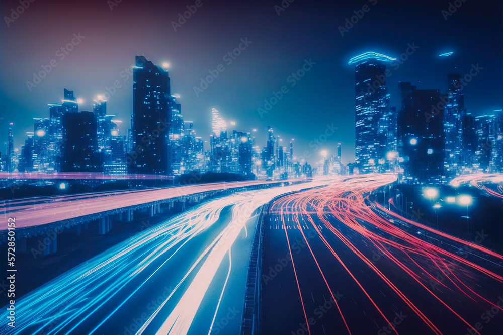 Smart digital city with high speed light trail of cars of digital data transfer . Sublime Generative