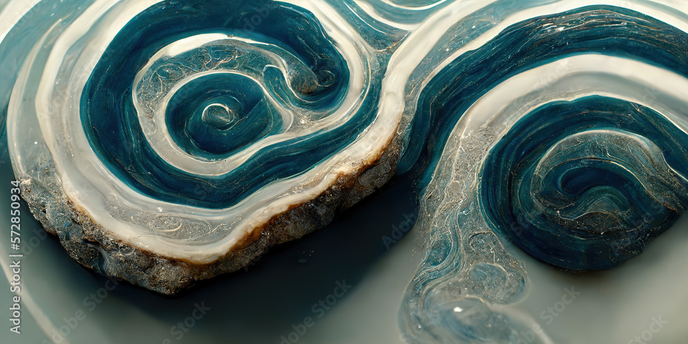 Sedate marco detailed luxurious ocean blue ripple pattern in agate form by alcohol ink. Swirled gold