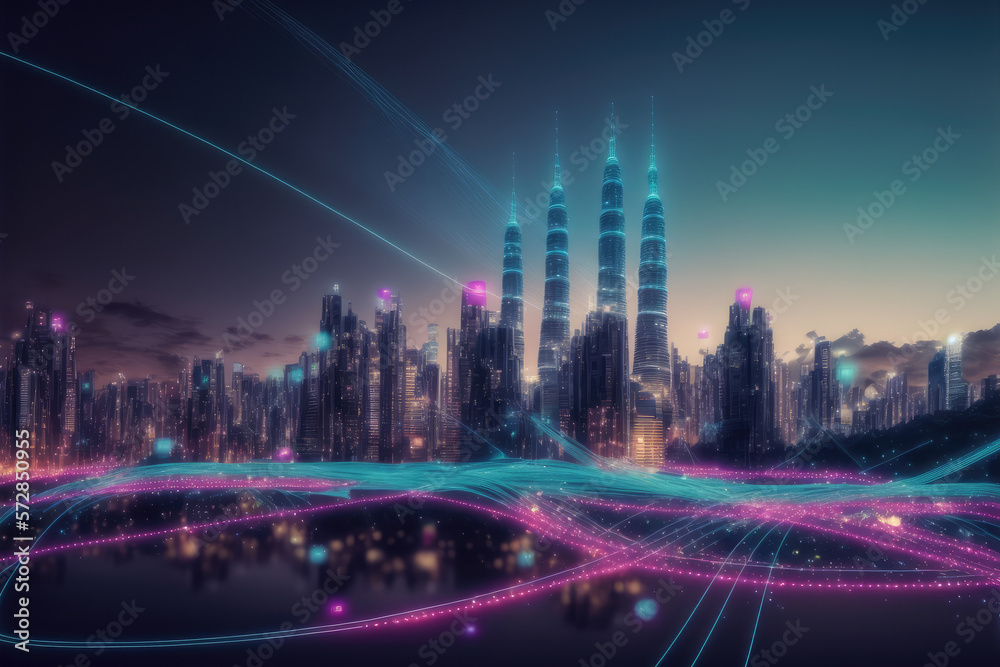 Smart city with communication network graphic connecting the city with wireless internet technology.