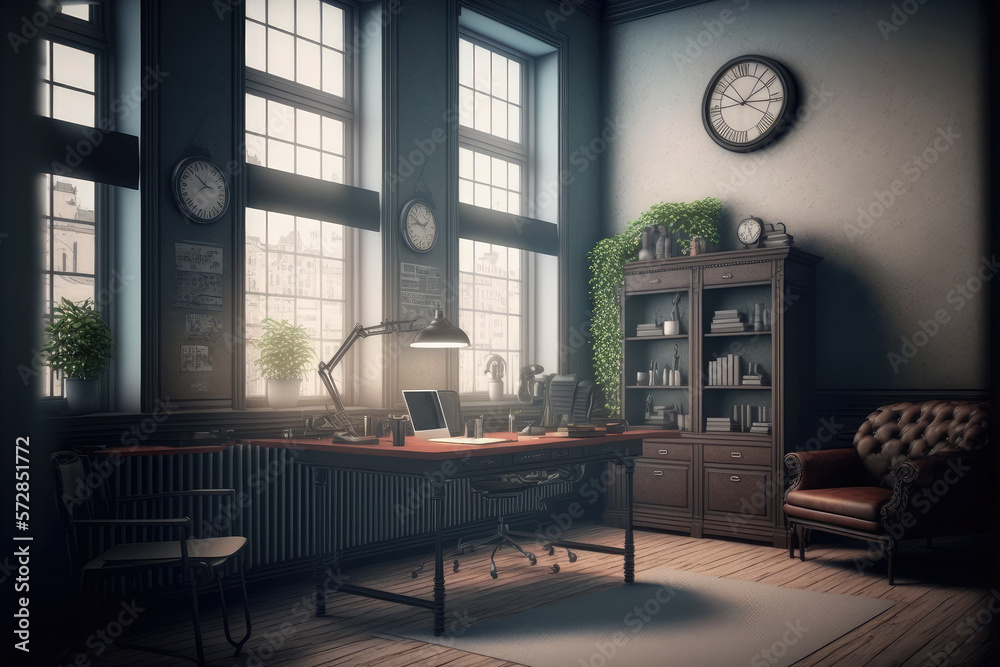 Antique home interior with working space and study desk in elegant room. Peculiar AI generative imag