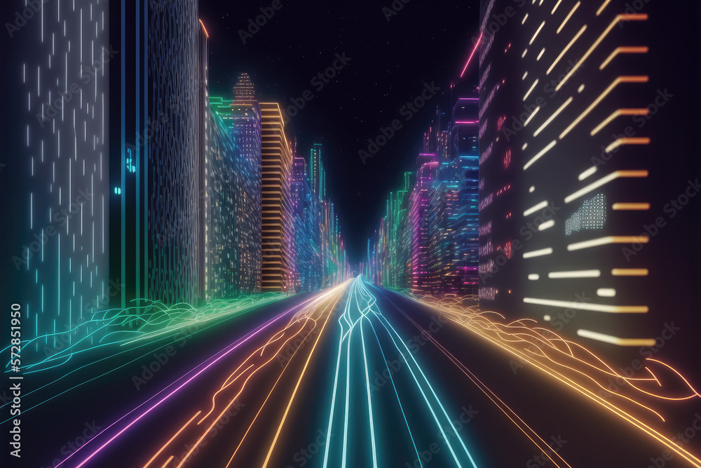 Abstract highway path through digital smart city graphic design. Peculiar AI generative image.