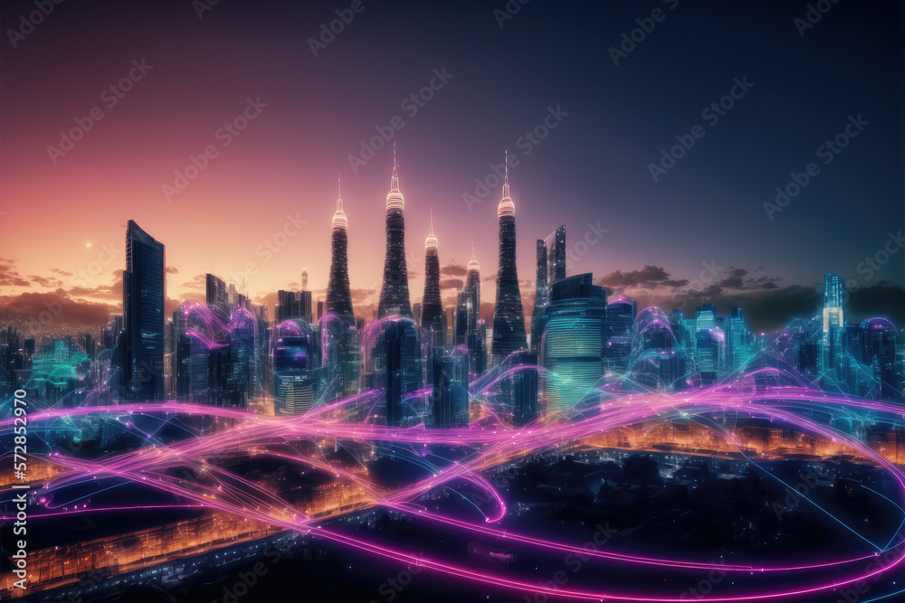 Smart city with communication network graphic connecting the city with wireless internet technology.